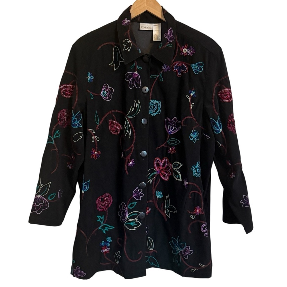 Koret Jacket Black Embroidered Velvet Button Up Boho Floral Women’s Size 16W